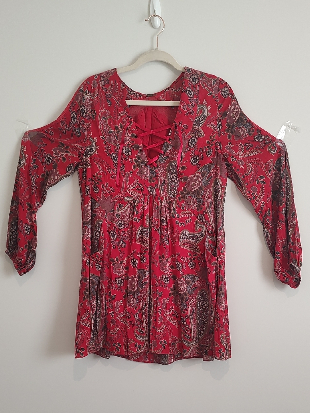 Free People Red Boho Mixed Media Tunic Top Casual Resortwear